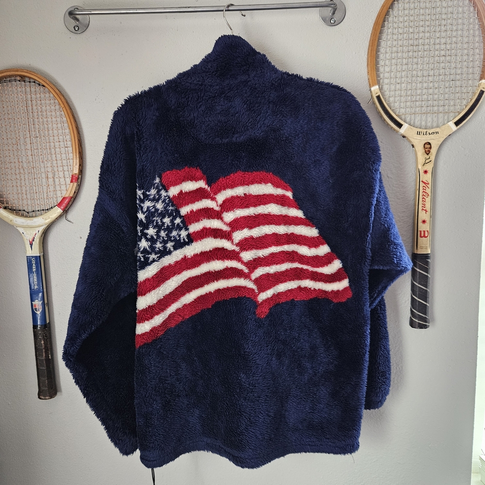 Cozy Navy Furry Fleece Jacket USA American Flag Medium Vintage